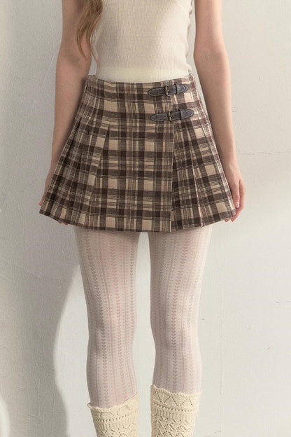 Plaid Leather Buckle Skirt