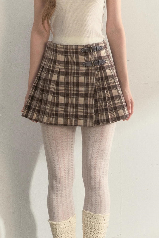 Plaid Leather Buckle Skirt