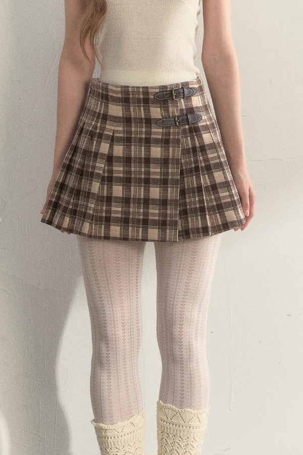 Plaid Leather Buckle Skirt
