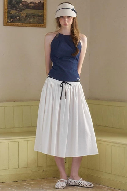 Cow Blue Pleated Denim Wide-Leg Pants Set-Up