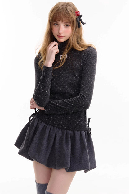 Retro Polka Dot High-Neck Long Sleeve T-Shirt