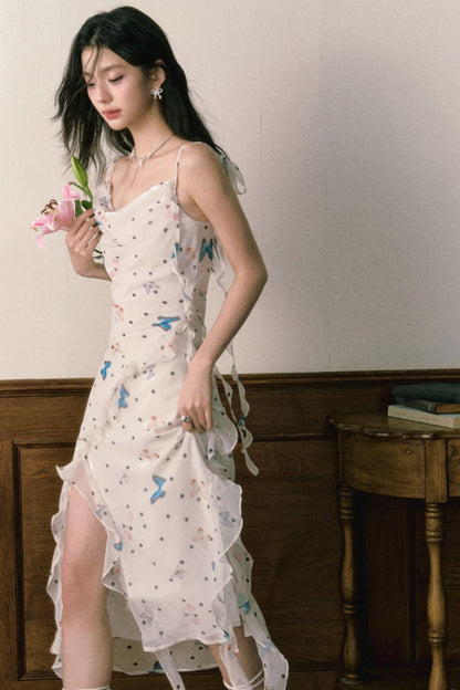 Butterfly Floral Halter Chiffon Maxi Dress