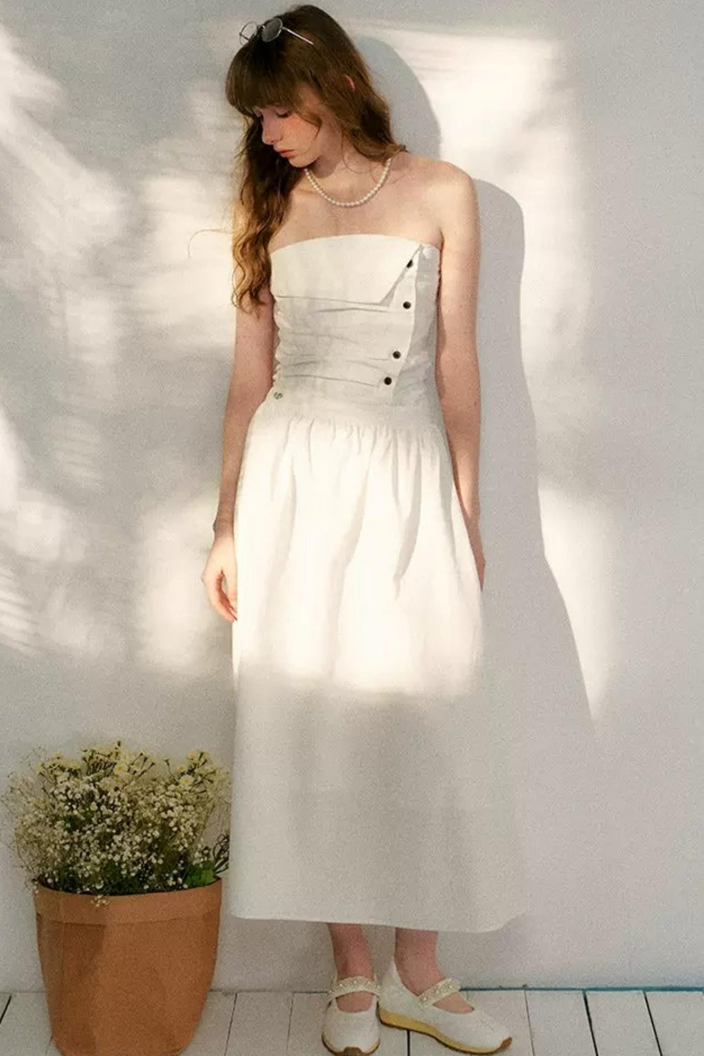 French Strapless Pleated A-Line Dress