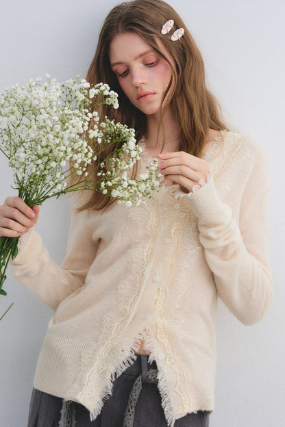 Wool Lace V-Neck Knit Top