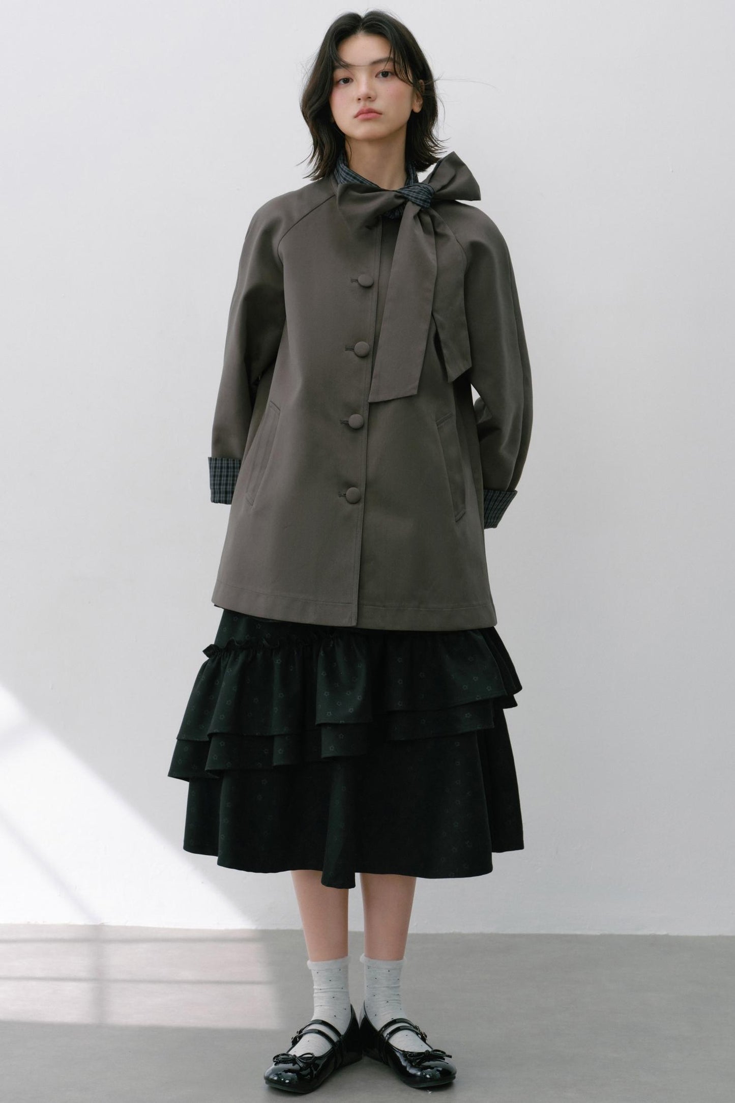 Pink Grey Check Bow Trench Coat