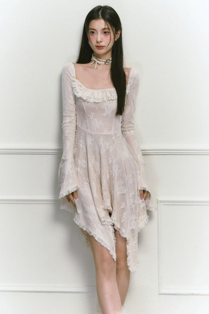 Square Neck Asymmetric Long Sleeve Dress