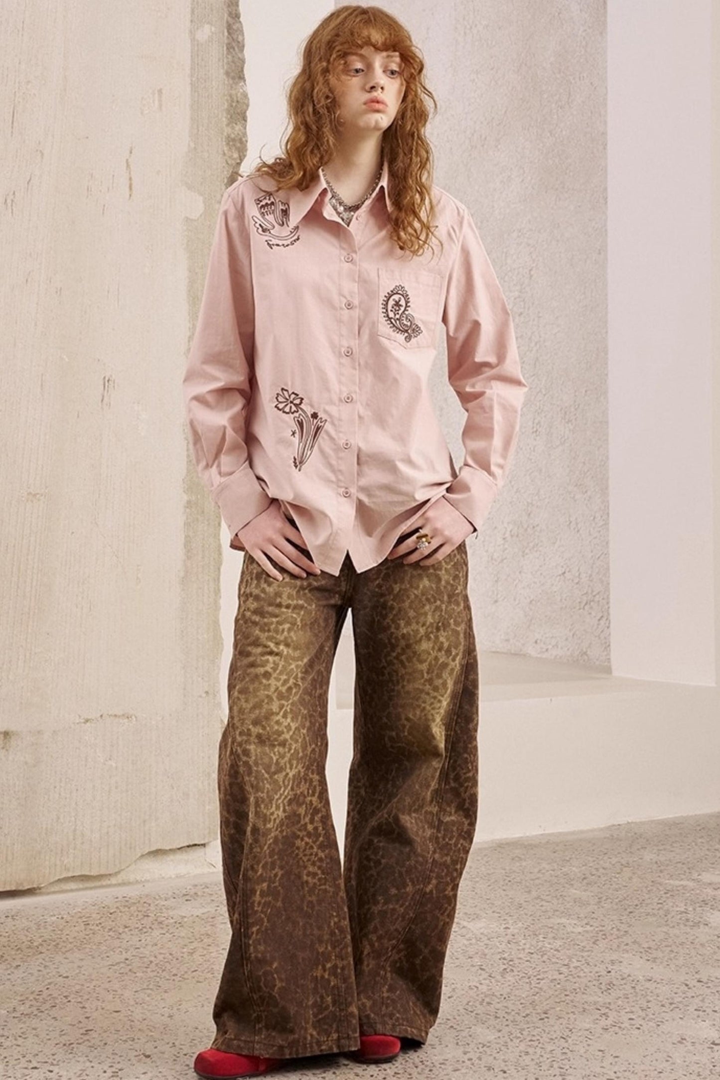 Cashew Flower Embroidered Long Sleeve Shirt