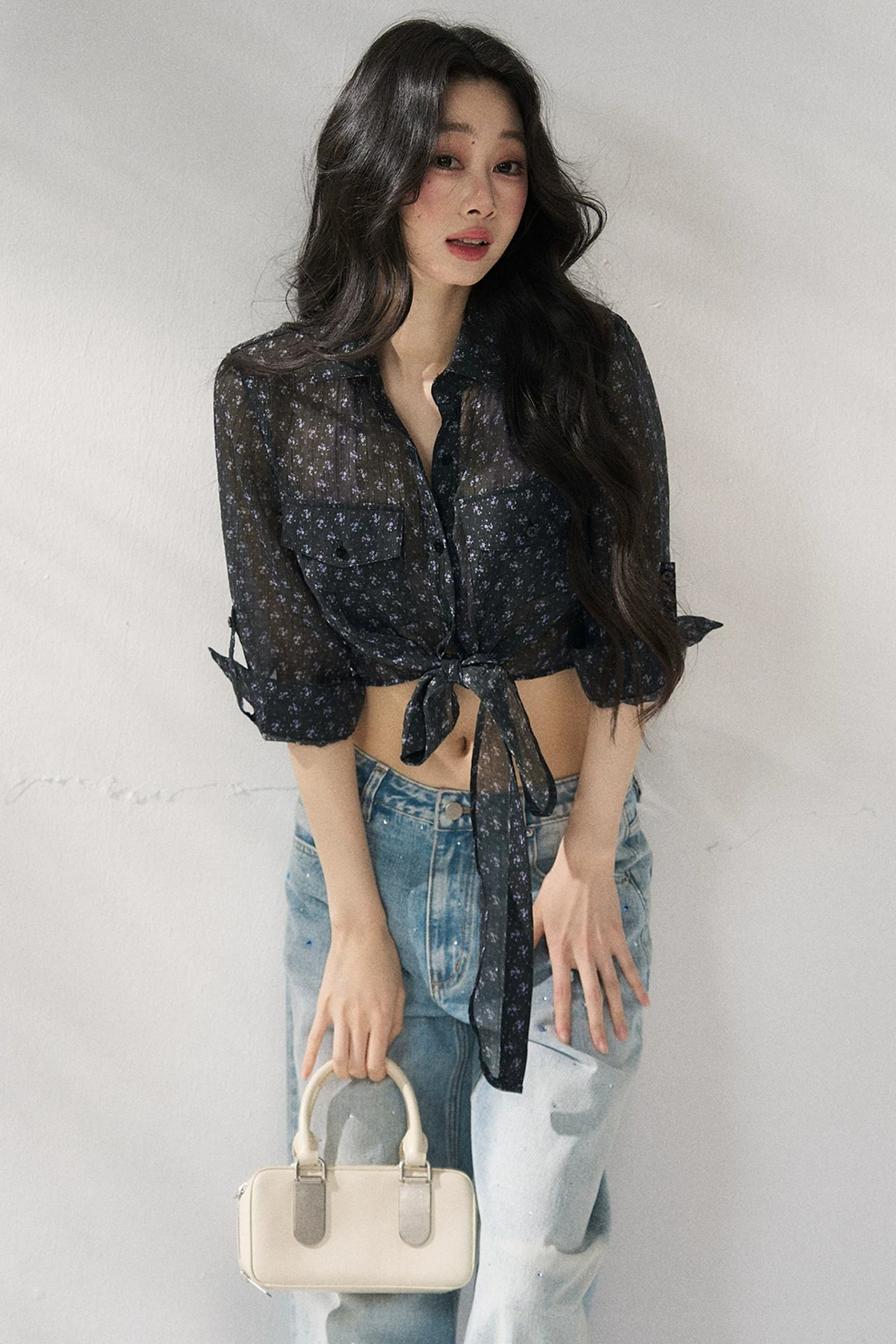 Bow Floral Slim Blouse