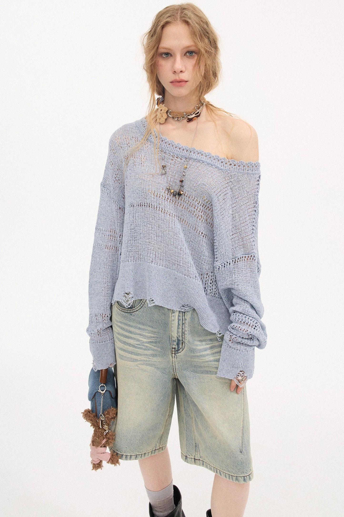 Distressed Denim Split Shorts