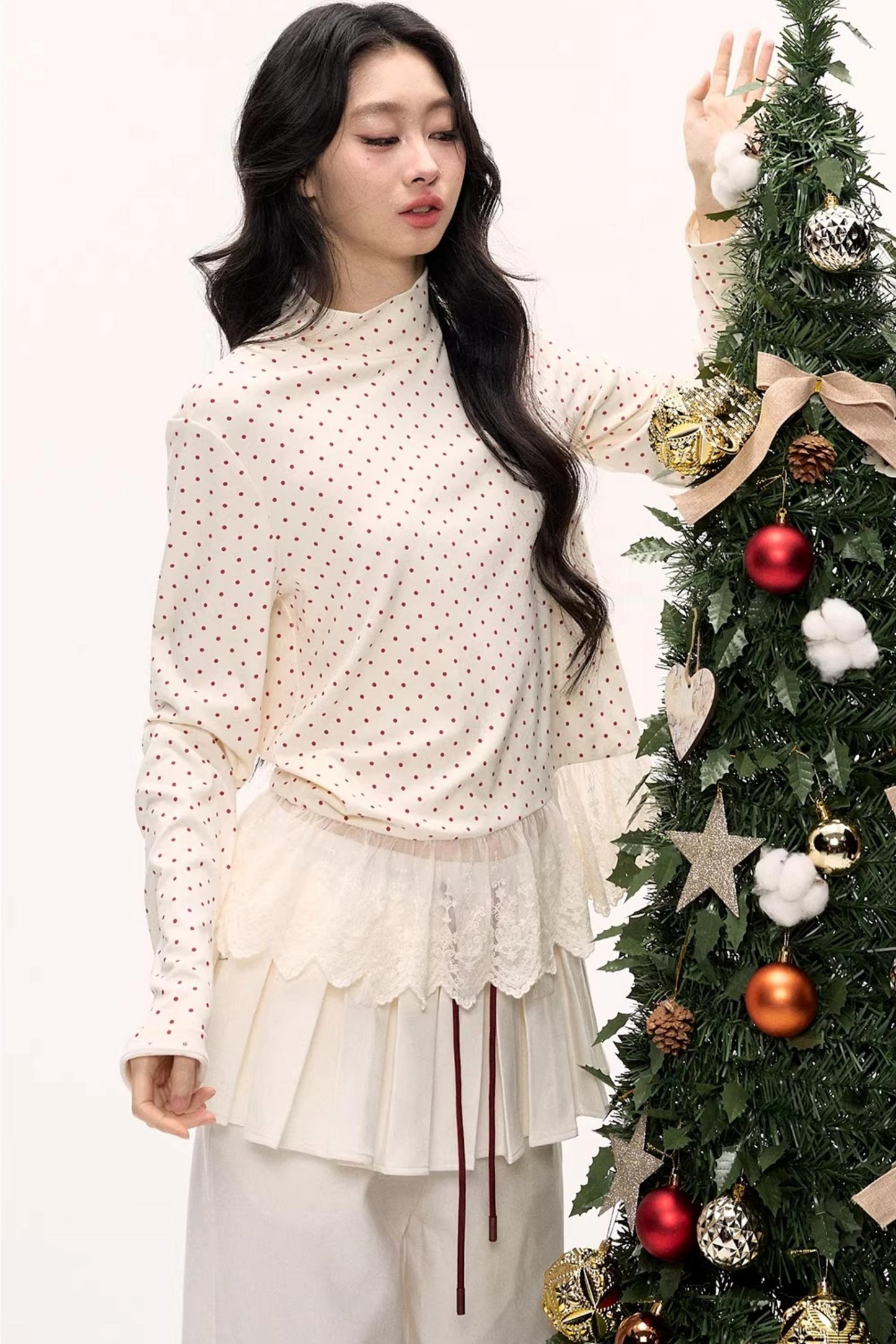 Polka Dot Lace Turtleneck Top