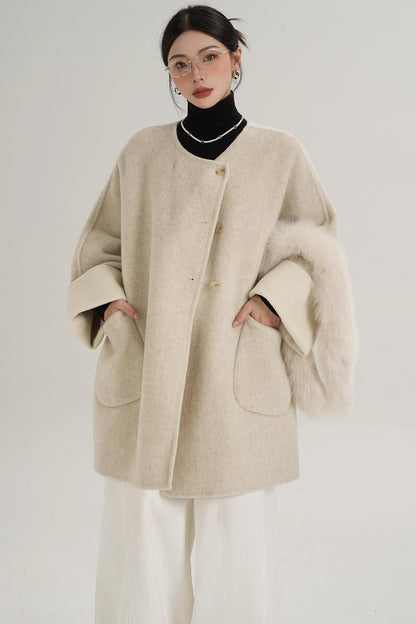 Elegant Fox Fur Collar Wool Cape Coat
