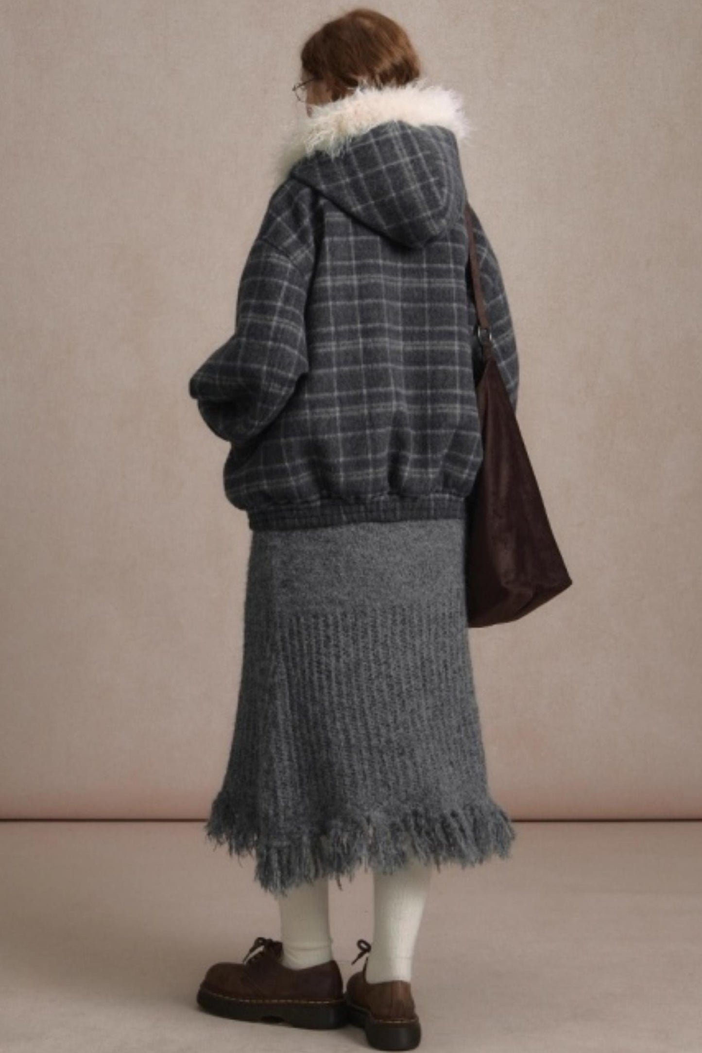 Elk Fur Collar Plaid Woolen Jacket