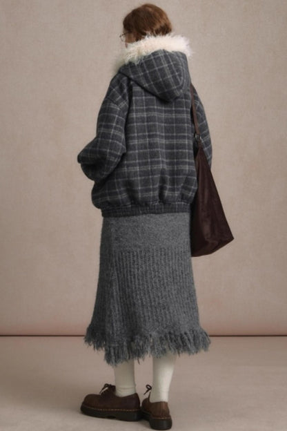 Elk Fur Collar Plaid Woolen Jacket