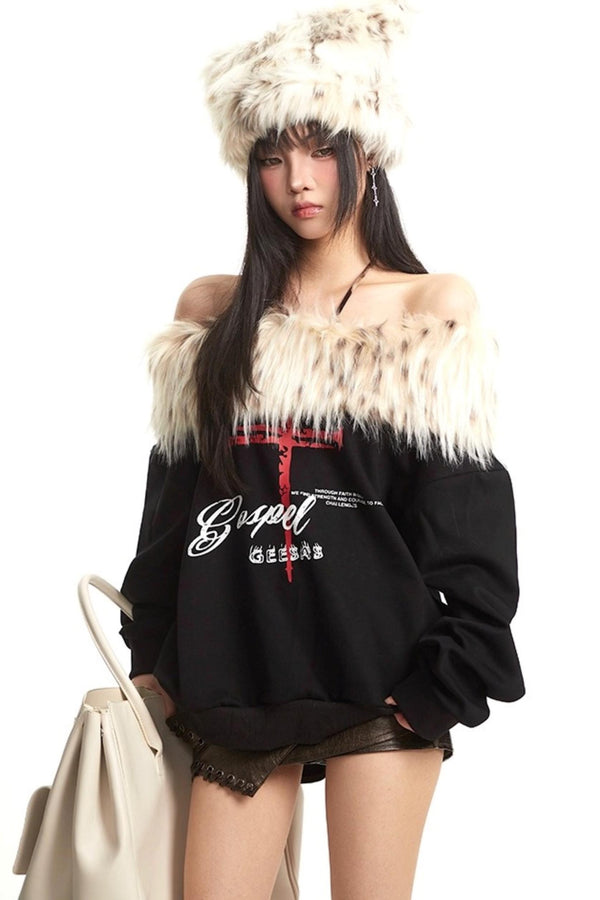 Vintage Apricot One-Shoulder Fur Collar Sweatshirt