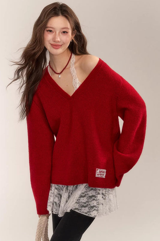 Asgony Red Retro Knit Sweater
