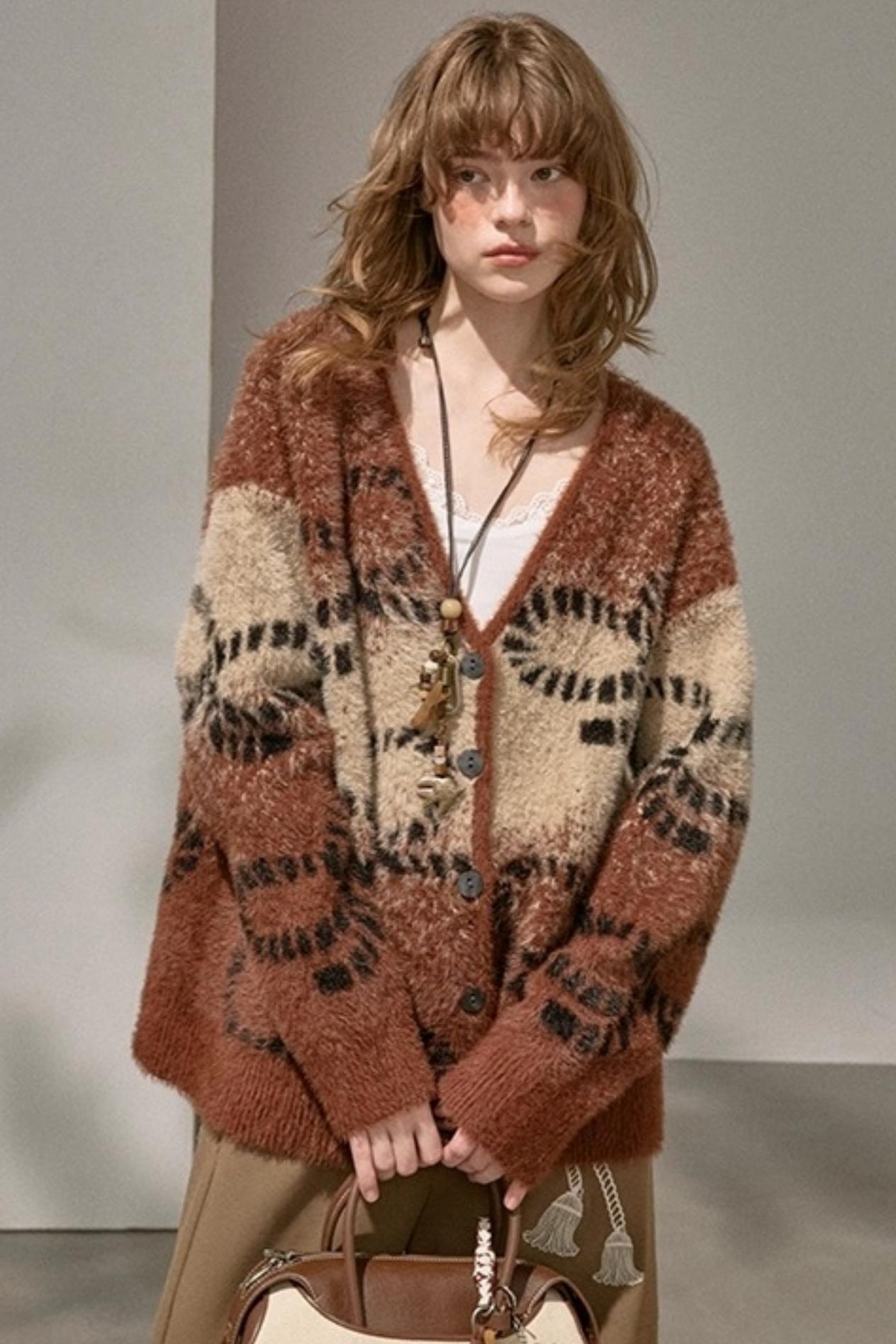 Bow Gradient V-Neck Knitted Cardigan