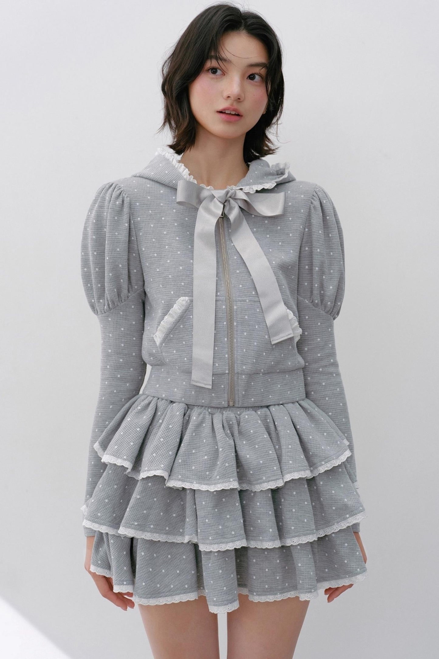 Hooded Polka Dot Tracksuit Skirt Set-Up