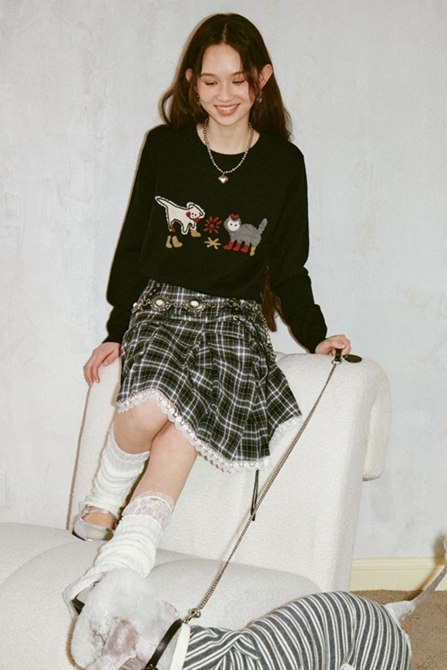 Kitten Puppy Embroidered Wool Blend Top