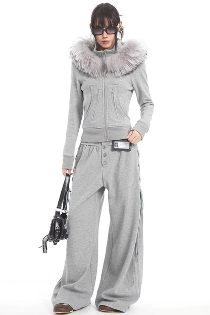 Korean Fur Collar Hooded Jacket Set-Up