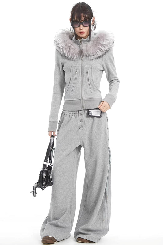 Korean Fur Collar Hooded Jacket Set-Up