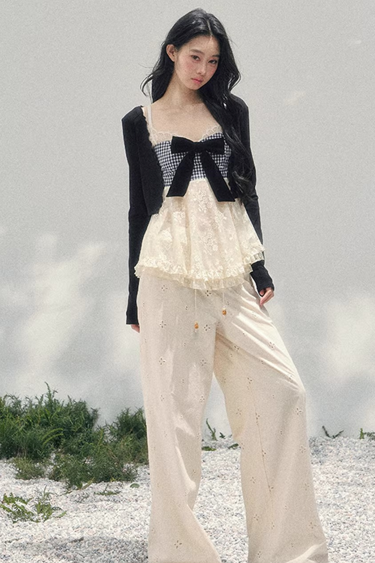 Bow Lace Plaid Top Set-Up