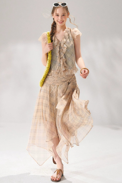 Completo a Due Pezzi Retro a Quadri in Chiffon