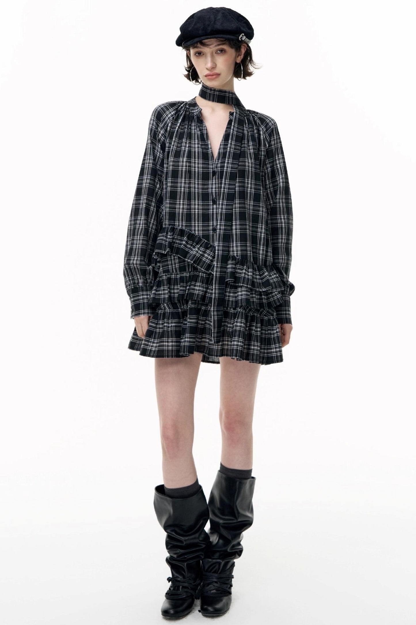 Plaid Ruffle Long Sleeve Shirt Dress