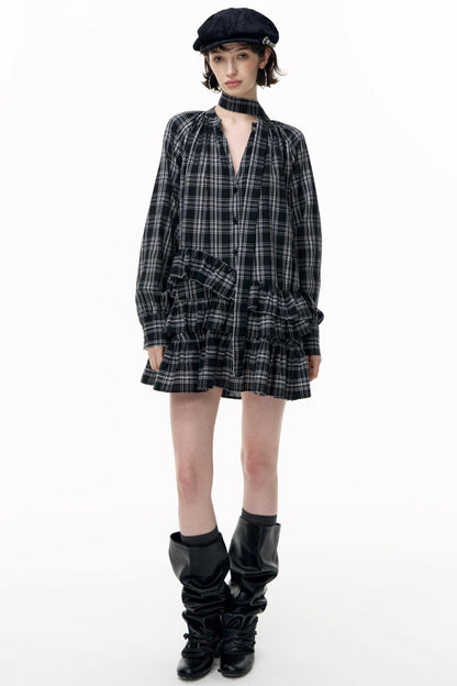Plaid Ruffle Long Sleeve Shirt Dress