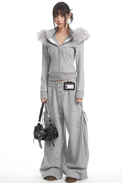 Korean Fur Collar Hooded Jacket Set-Up