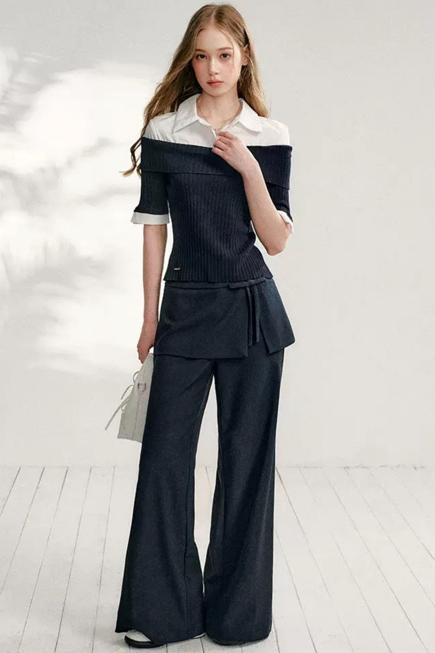 Color-Block Shirt Collar Knit Set-Up