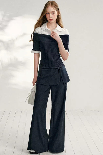 Color-Block Shirt Collar Knit Set-Up