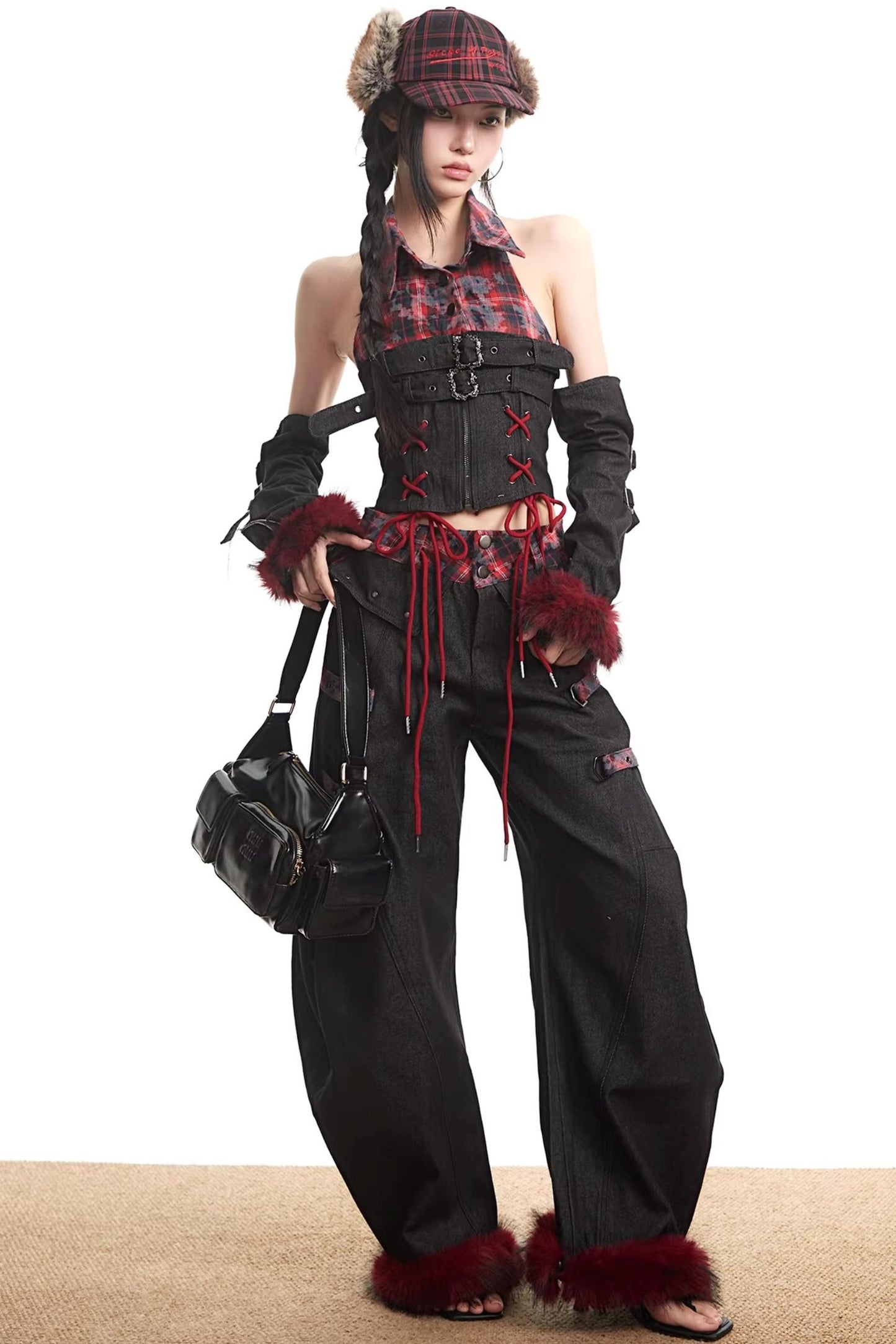 Plaid Patchwork Denim Set-Up