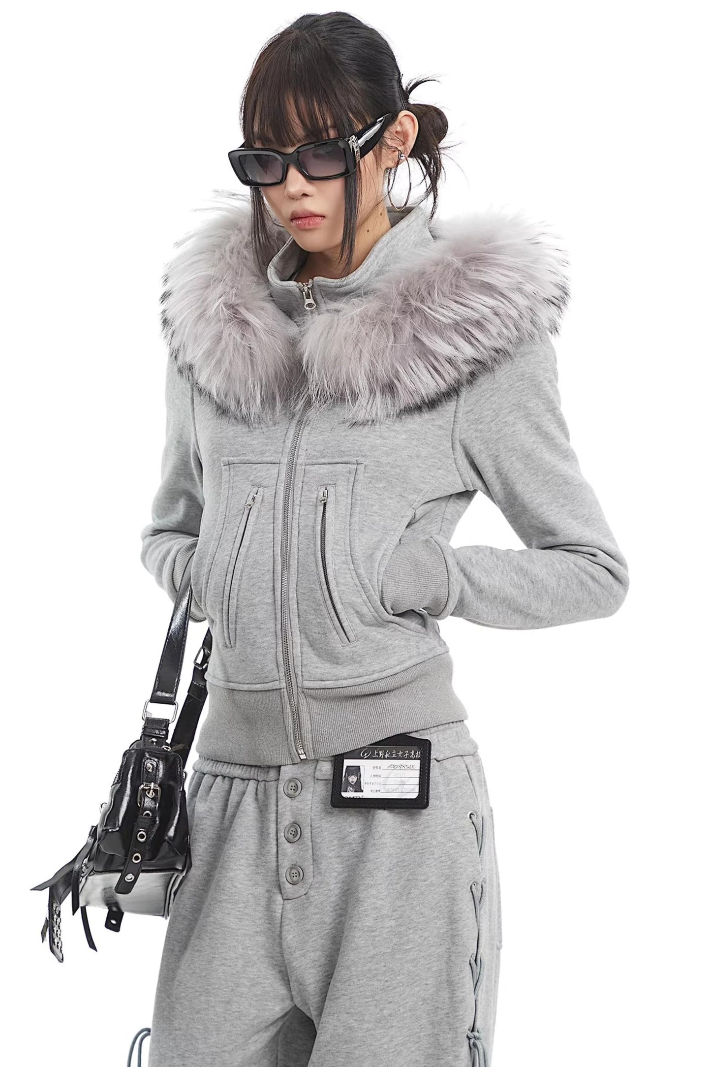Korean Fur Collar Hooded Jacket Set-Up