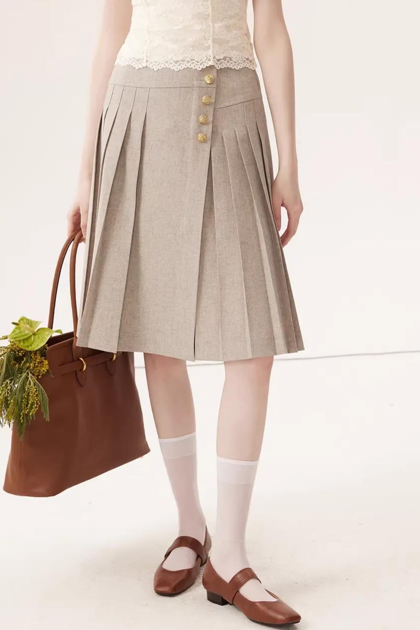 High-Waisted Pleated Midi Skirt