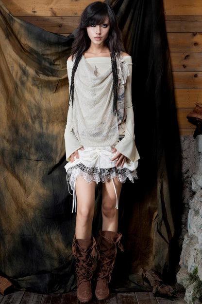 Diamond Collar One-Shoulder Long Sleeve T-Shirt