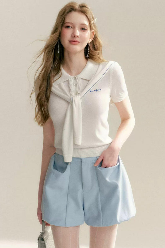 네이비 러플 니트 탑 세트업