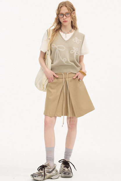 Color-Block Tie Pleated Skirt