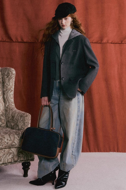 Gray Wool Hooded Blazer Jacket