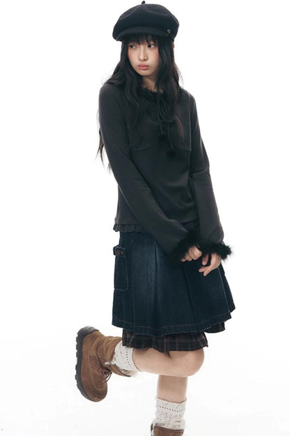 Patchwork Red Plaid Denim Skirt