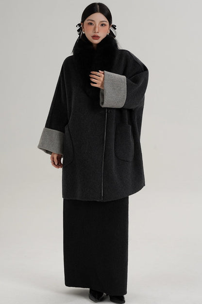 Elegant Fox Fur Collar Wool Cape Coat