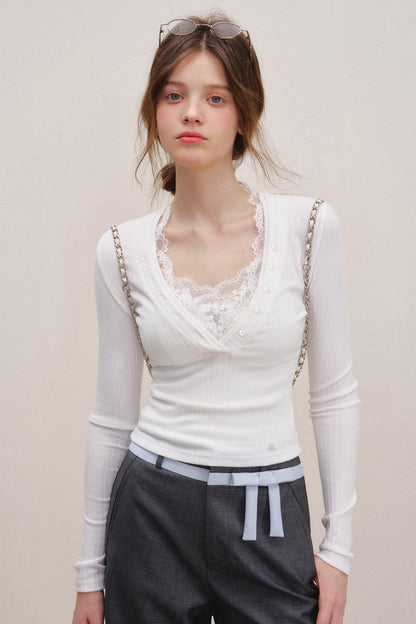 Lace V-Neck Knit Sweater Set-Up