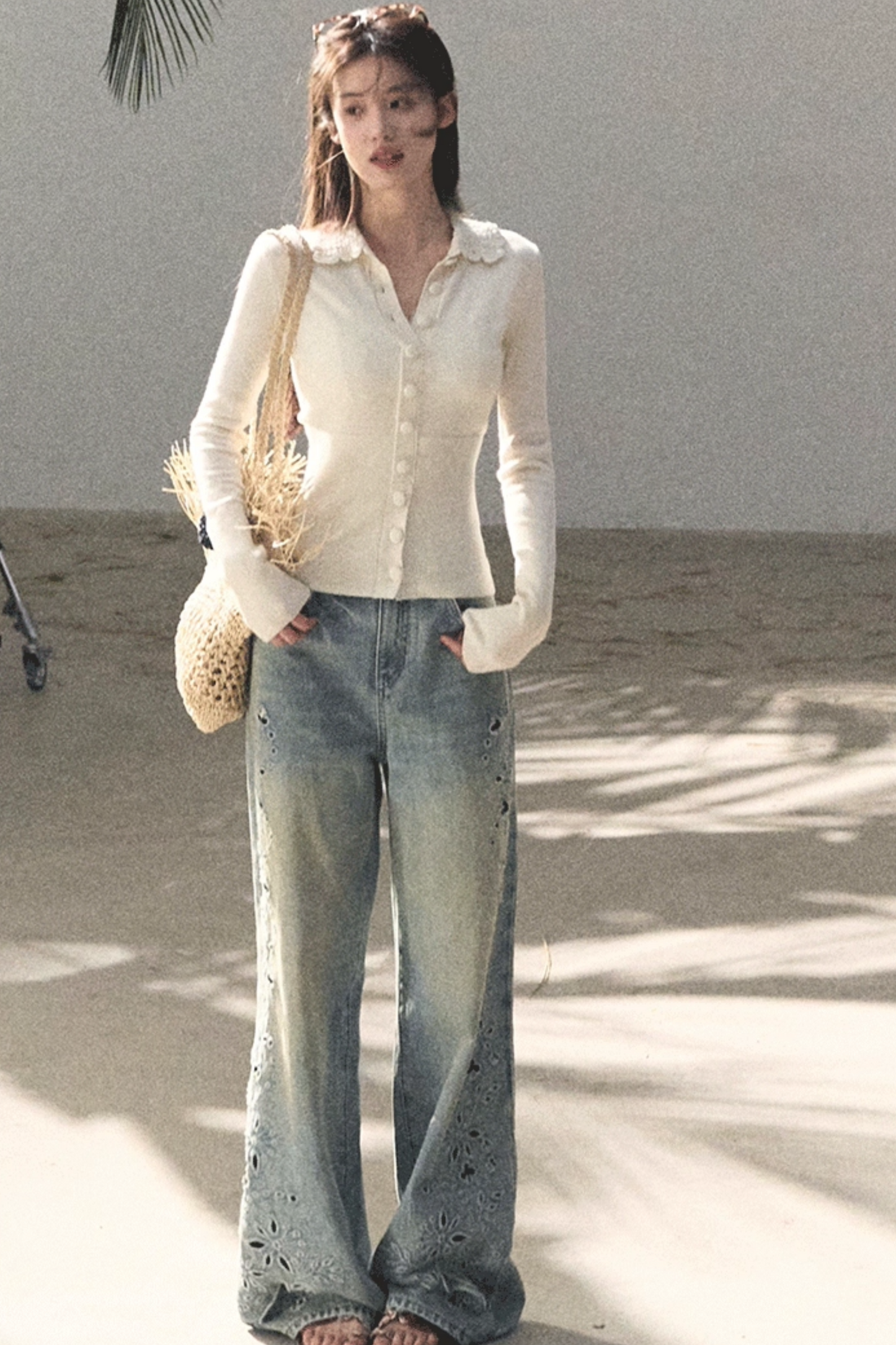 Laser Embroidery Distressed Jeans