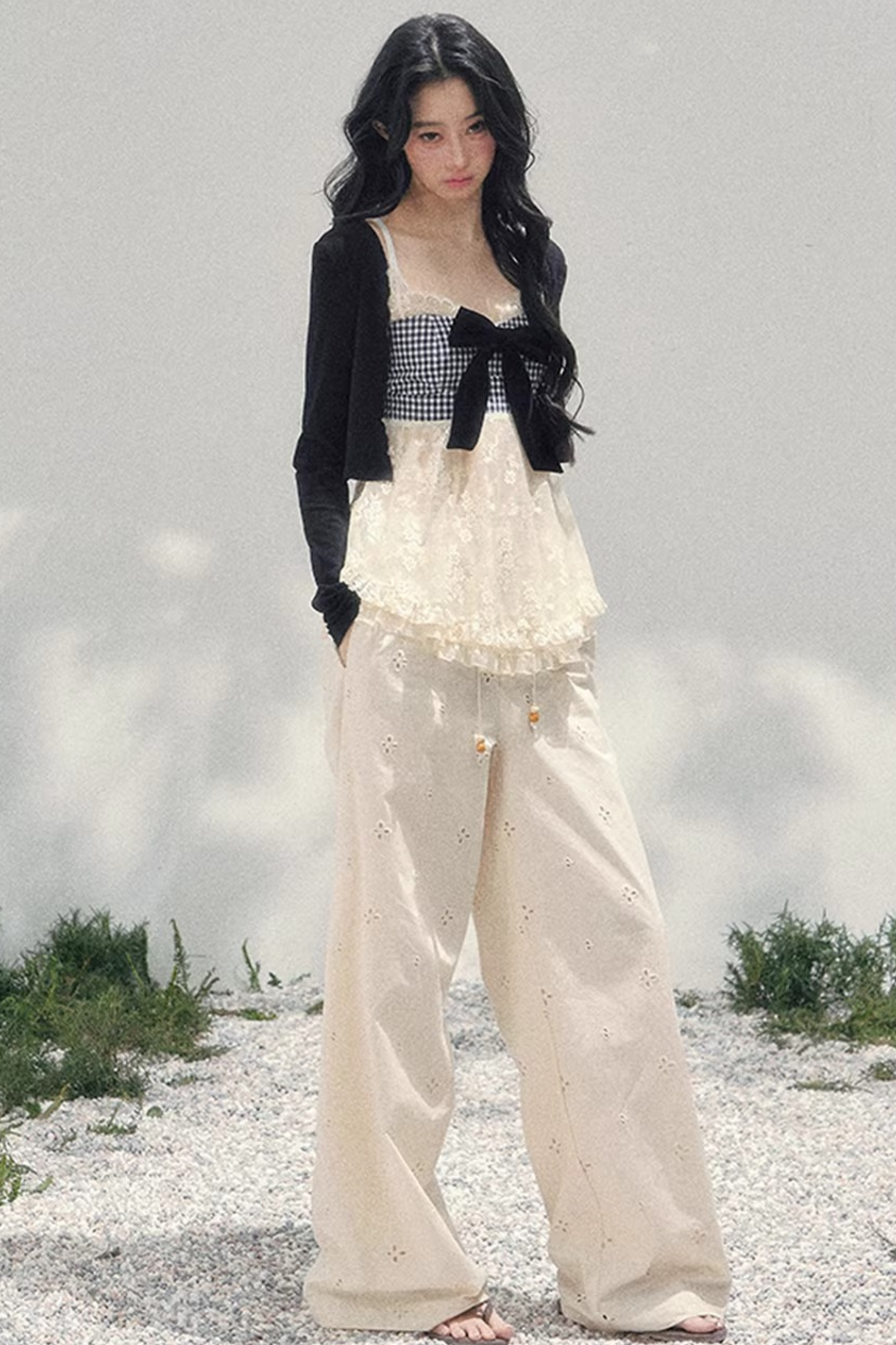 Bow Lace Plaid Top Set-Up