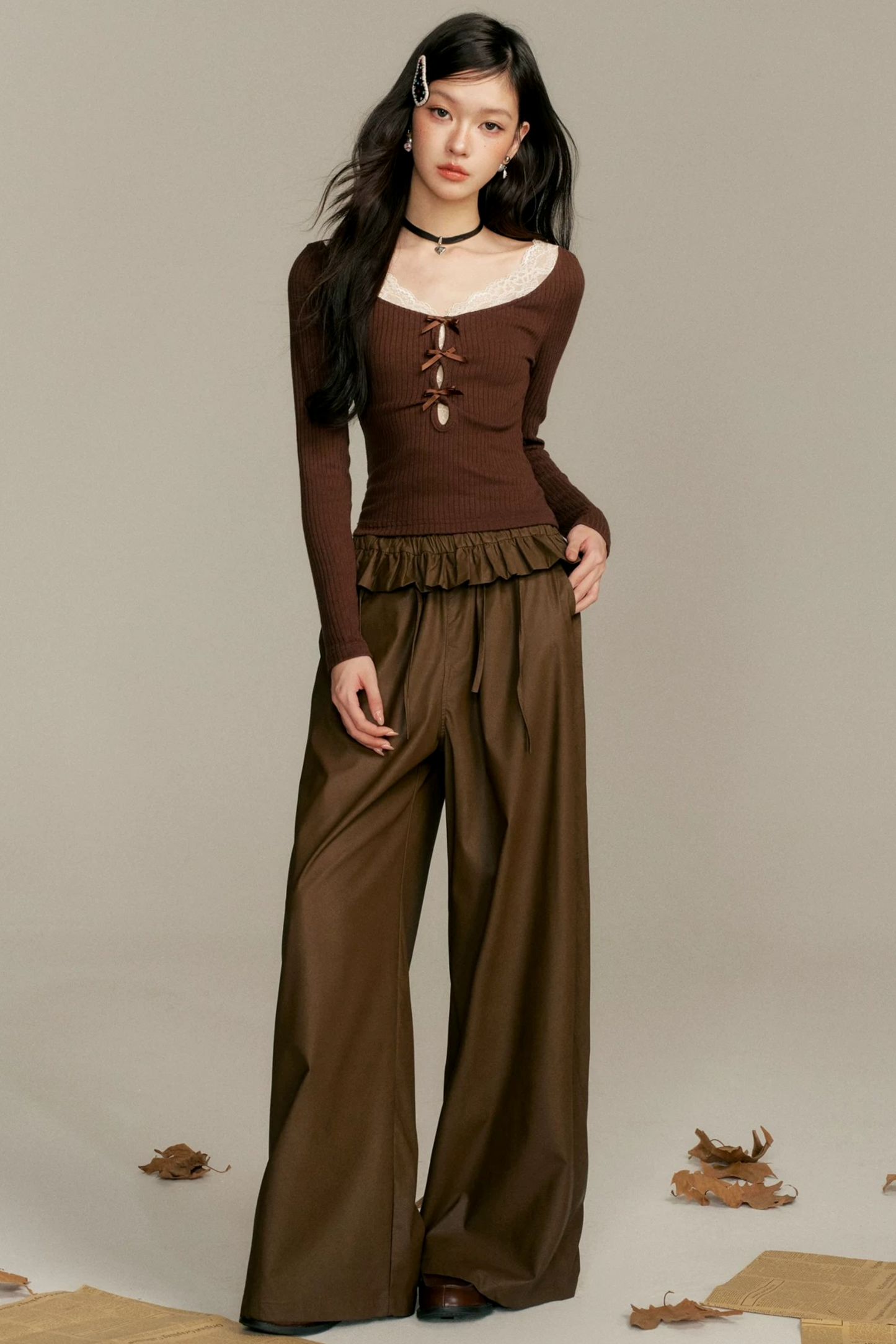 Caramel Lace Patchwork Skirt Pants Set-Up