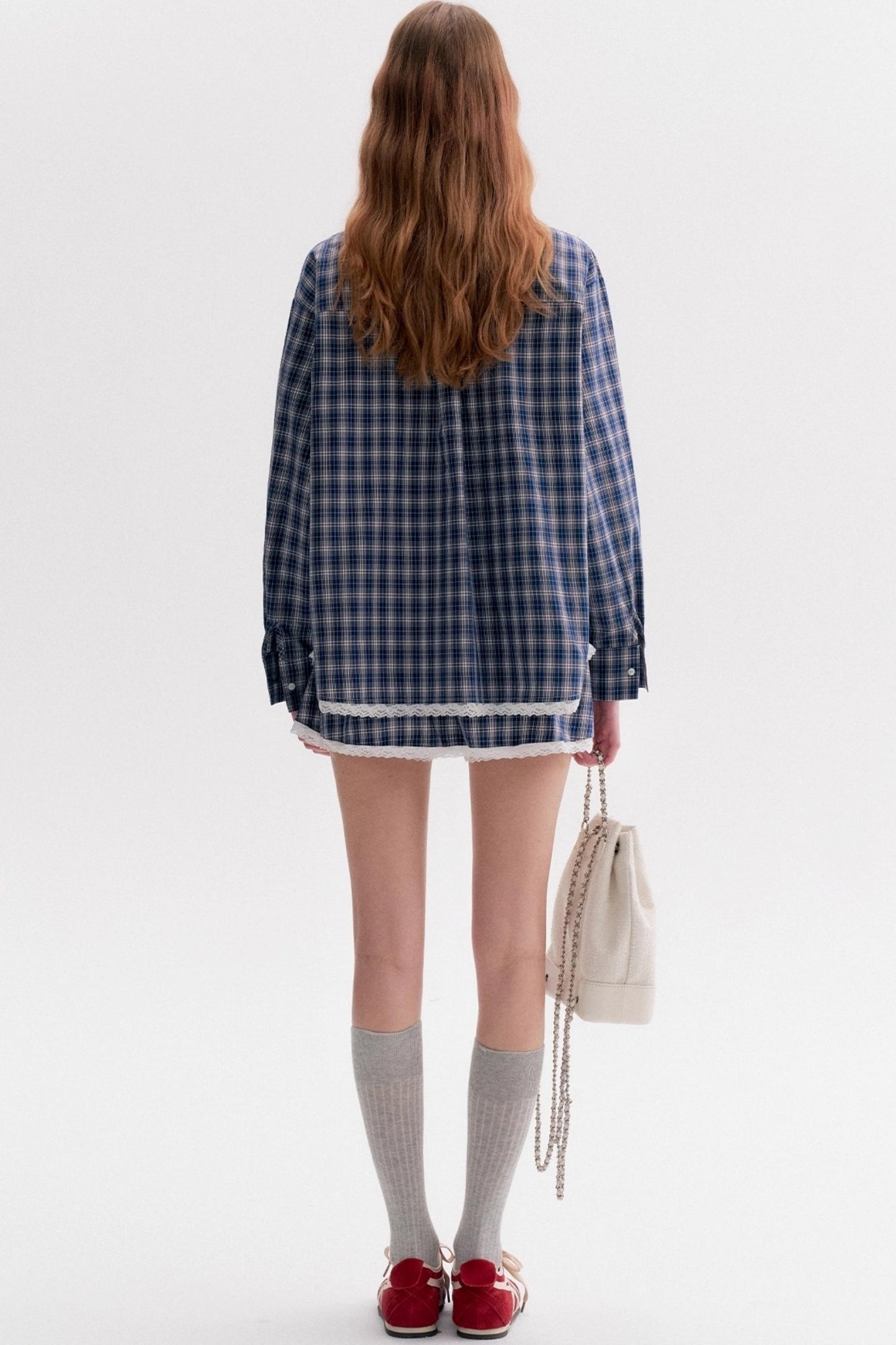 Lace Panel Check Loose Shirt Set-Up