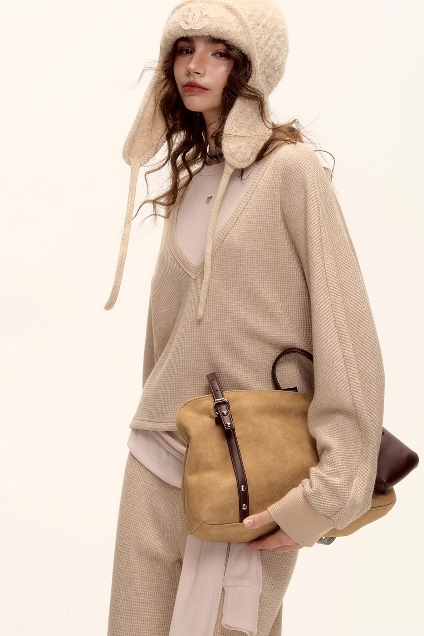 Waffle Knit V-Neck Sweater Set-Up