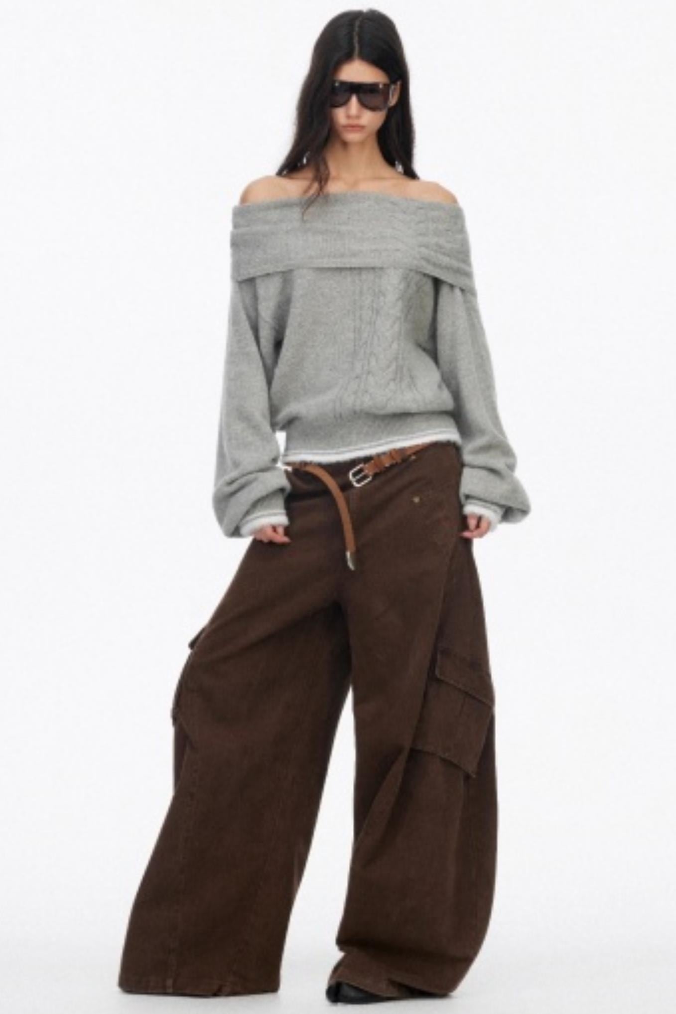 Off-Shoulder Color-Blocked Knit Sweater