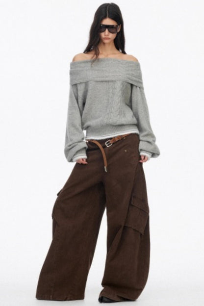 Off-Shoulder Color-Blocked Knit Sweater