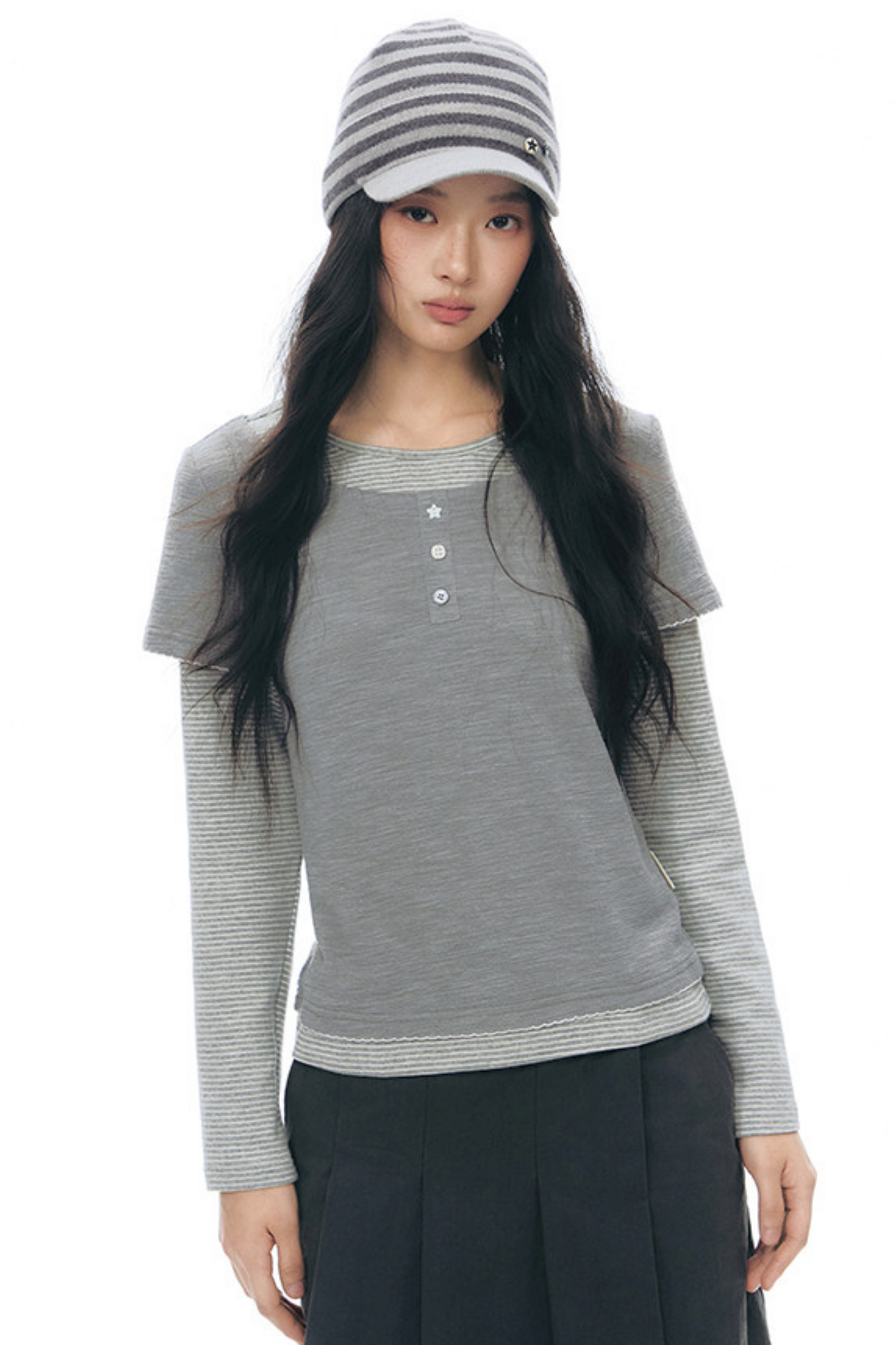 Henley Collar Fake Two-Piece Top