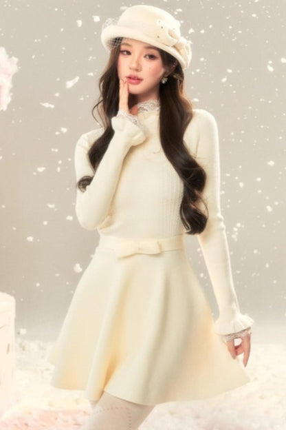 Lace High-Neck Knitted Dress